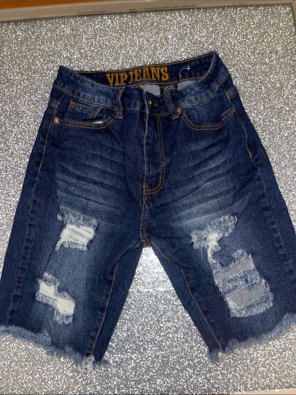 VIP Dark Blue Distressed Denim Shorts
